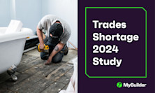 header for the Trades shortage 2024 study. On the left, a carpenter working on a wooden floor is pictured.