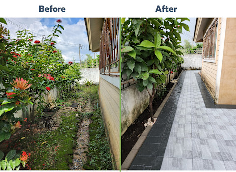 Side-by-side comparison of a garden path. The left image shows a messy, overgrown garden. The right features a clean, tiled walkway.