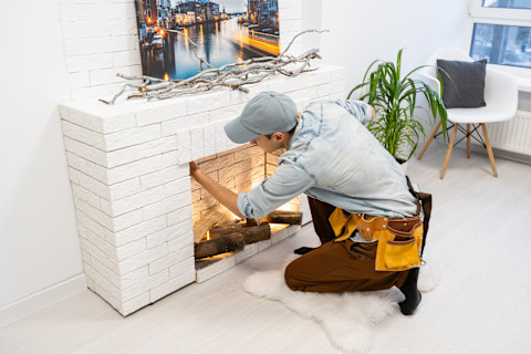 A fire pit being installed indoors, showing the fire pit being placed in a designated area of a room, with surrounding furnishings and tools visible.
