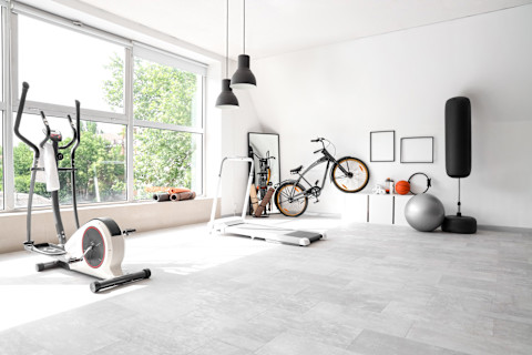A home gym with a treadmill, cycling bike, punching bag, mirror, cycle and exercise ball.