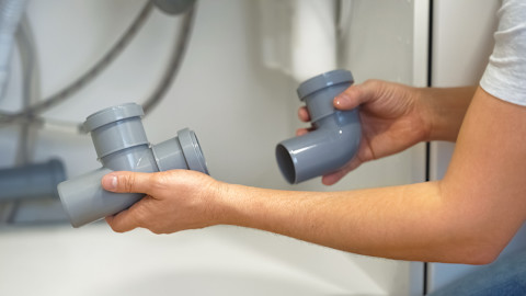 A plumber in a grey t shirt holding two parts of a grey plumbing pipe under the sink, ready to put them together