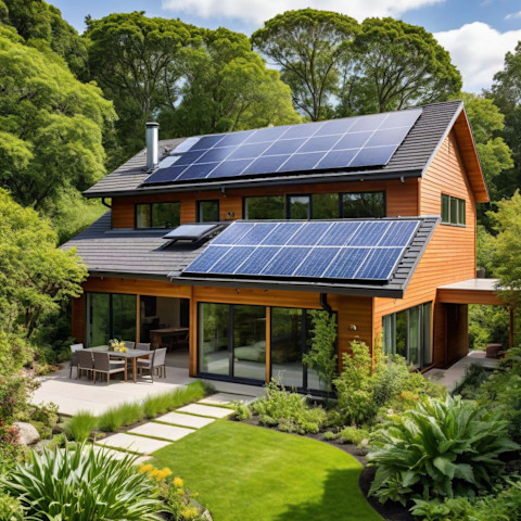 The image shows an environmentally friendly home made from wood with solar panels on the pitched roof. There is a small manicured garden with a patio and the home is surrounded by green trees