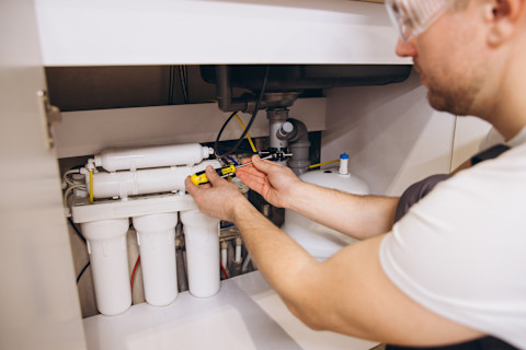 This image shows a professional plumber installing a water softener system beneath a kitchen sink. He is attaching the water softener to the water pipe with a screwdriver.