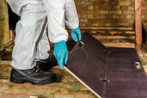 The image shows an attic space with exposed insulation on the roof, likely made of fiberglass or a similar material.
