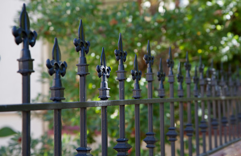 The image depicts a close-up view of a decorative wrought iron fence. The fence features a row of vertical bars, each topped with ornamental finials in the shape of fleur-de-lis. The black metalwork contrasts with the blurred greenery in the background, highlighting the intricate design and craftsmanship of the fence. The scene suggests an outdoor setting, possibly a garden or yard, with the lush foliage providing a soft, natural backdrop to the sharp, elegant lines of the iron fence.