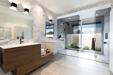 Clean, modern bathroom with refreshing shower, reflecting mirror, Bathtub and sleek tiles.