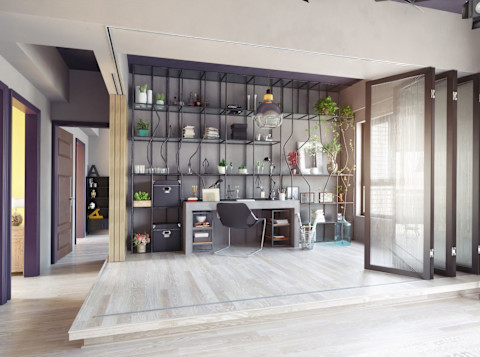 This image shows concertina doors partitioning off an office space.