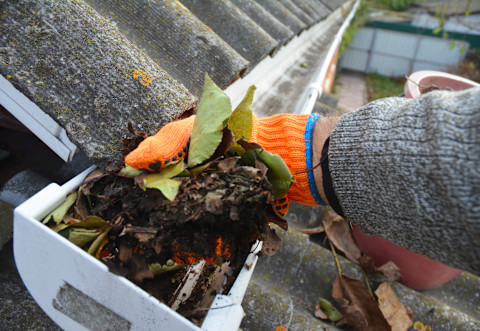 This image shows a gloved hand clearing dirt, debris, and fallen leaves from a gutter to ensure proper water flow and prevent water damage to the house.