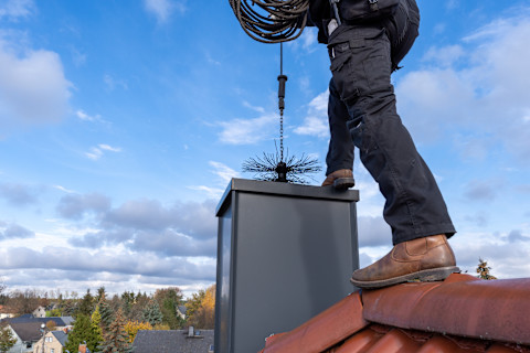 A handyman is sweeping a chimney