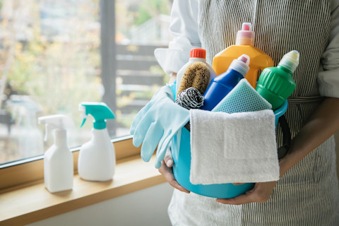 Bottles of disinfectant, bleach, and other cleaning products in a blue bowl with gloves and a cloth thrown over the side, held by a female wearing a cleaning uniform whose head isn't visible. Behind her is a window showing a unfocused view of a garden, with two spray bottles on the wooden windowsill.