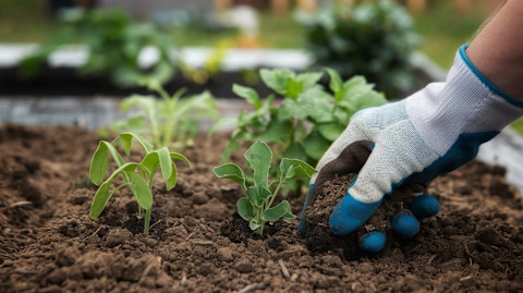 A professional gardener wearing gardening gloves adds mulch to the stem of a freshly planted plant, which sits in a bed with three other plants.