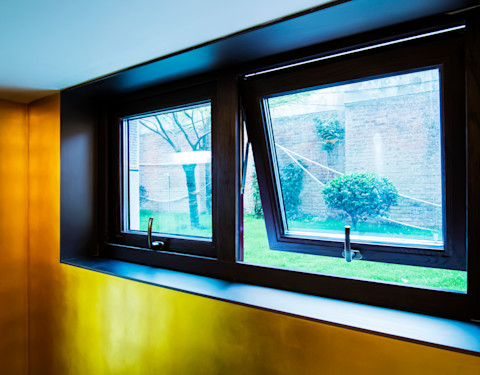 This image shows an open ground-floor egress window with a dark frame. The window looks out into a green garden with a shrub.