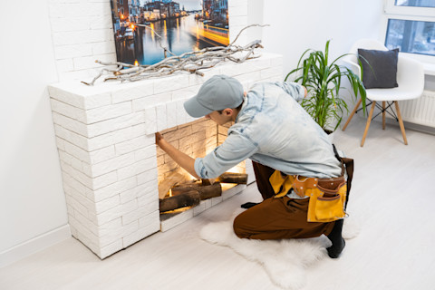 A fire pit being installed indoors, showing the fire pit being placed in a designated area of a room, with surrounding furnishings and tools visible.