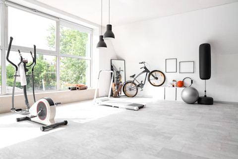 A home gym with a treadmill, cycling bike, punching bag, mirror, cycle and exercise ball.