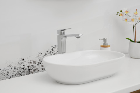 An image of part of a modern white bathroom, close up on the rounded white sink basin and metal tap. The counter they sit on also holds some hand soap and a potted orchid. Along the white wall the sink rests against, just under the tap, are spots of black mould spreading up the wall.