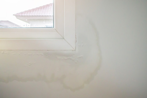 This image shows a wall beneath a window showing signs of water damage, with visible damp patches and discolouration on the surface. The image highlights potential issues with moisture infiltration through the window.
