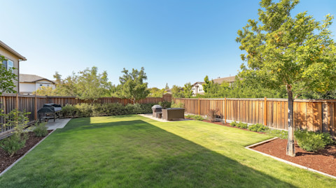 A modern backyard patio with wooden fence