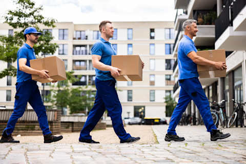 This image shows three removal workers carrying boxes to a residential building.