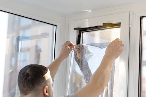 A glazier sizing up a sheet of window tinting material against a window pane to check the sizing. The window pane is set within a uPVC frame. 