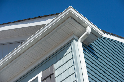 Colonial white gutter guard system, fascia, drip edge, soffit providing ventilation to the attic.