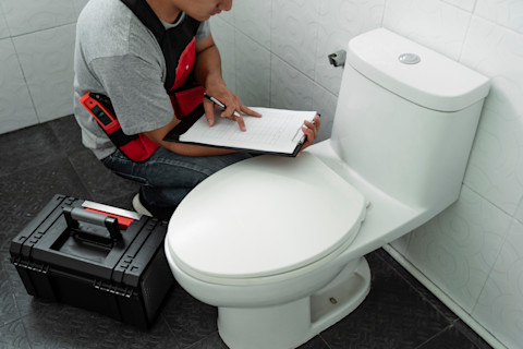 A workman holding a clipboard inspects a macerator toilet to ensure it is functioning properly