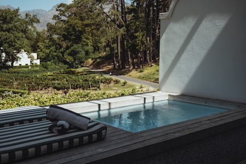 A small, modern plunge pool in a backyard, surrounded by a wooden deck and lush greenery, offering a tranquil space for relaxation.
