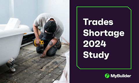 header for the Trades shortage 2024 study. On the left, a carpenter working on a wooden floor is pictured.