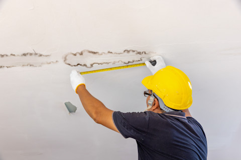A tradesperson is repairing a water stain on the ceiling