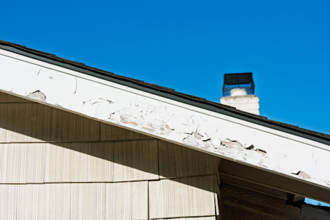 The side of a house with a fascia board and a gutter.