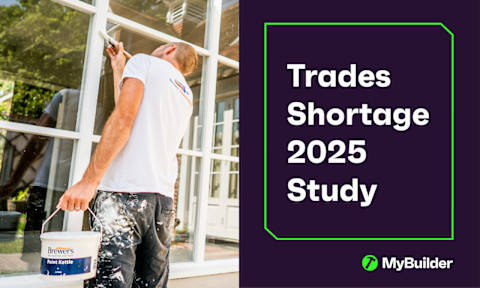 Image for MyBuilder 2025 study on the UK trade shortage. On the left a painter is pictured .