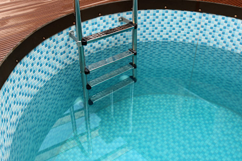 A small plunge pool with a metal ladder and blue tile detailing on the interior. The pool is connected to a dark brown wood patio.