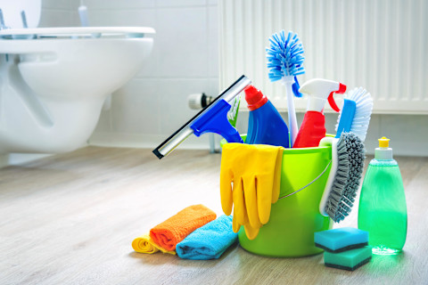 A selection of cleaning supplies and products in a bathroom. The supplies, including bleach, gloves, washing up liquid, a range of brushes, towels, sponges, and gloves, are on the bathroom floor, with a toilet bowl and radiator visible in the background.