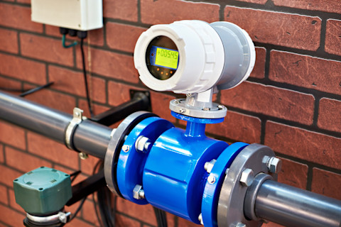 A close-up of a water flow meter, featuring a digital display and connected to pipes, used for measuring and monitoring water flow rates.