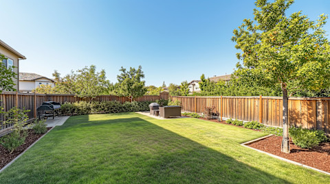 A modern backyard patio with wooden fence