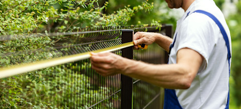 This image shows newly installed wood fence panels in a garden.