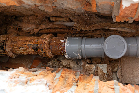 This image shows a cast iron pipe that is so rusted that some parts have disintegrated.