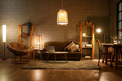 Cosy living room with warm ambient lighting.