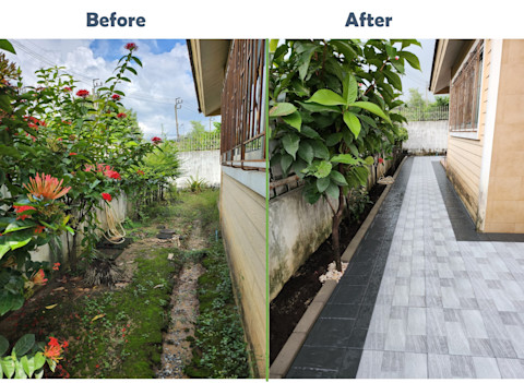 Side-by-side comparison of a garden path. The left image shows a messy, overgrown garden. The right features a clean, tiled walkway.