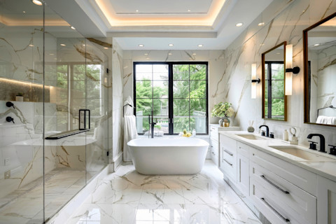 Luxury bathroom with freestanding bathtub and marble flooring.