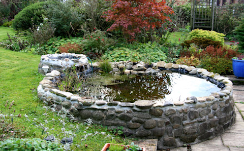 A small circular garden pond built of brick, bordering a paved path and a raised lawn.