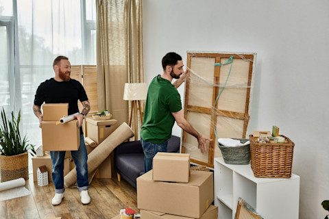 This image shows two men arranging moving boxes in their new home. They appear relaxed and happy as they unpack belongings together in a bright, modern living space.